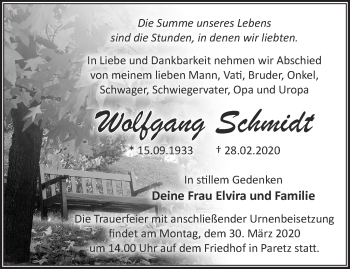 Traueranzeige von Wolfgang Schmidt von Märkische Oderzeitung