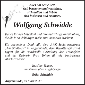 Traueranzeige von Wolfgang Schwidde von Märkische Oderzeitung
