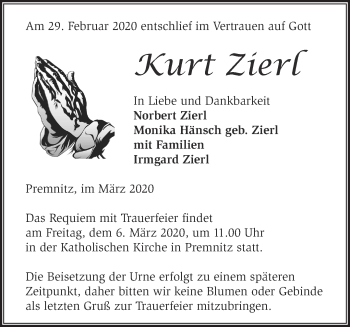Traueranzeige von Xurt Zierl von Märkische Oderzeitung