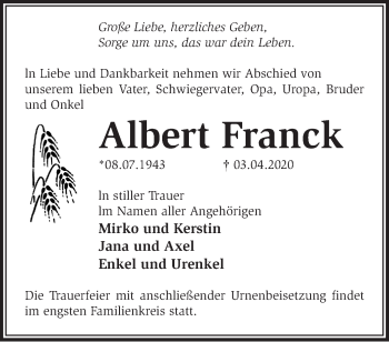 Traueranzeige von Albert Franck von Märkische Oderzeitung