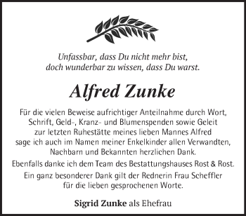 Traueranzeige von Alfred Zunke von Märkische Oderzeitung