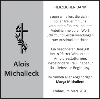 Traueranzeige von Alois Michalleck von Märkische Oderzeitung