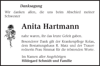 Traueranzeige von Anita Hartmann von Märkische Oderzeitung
