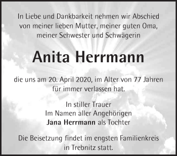 Traueranzeige von Anita Herrmann von Märkische Oderzeitung