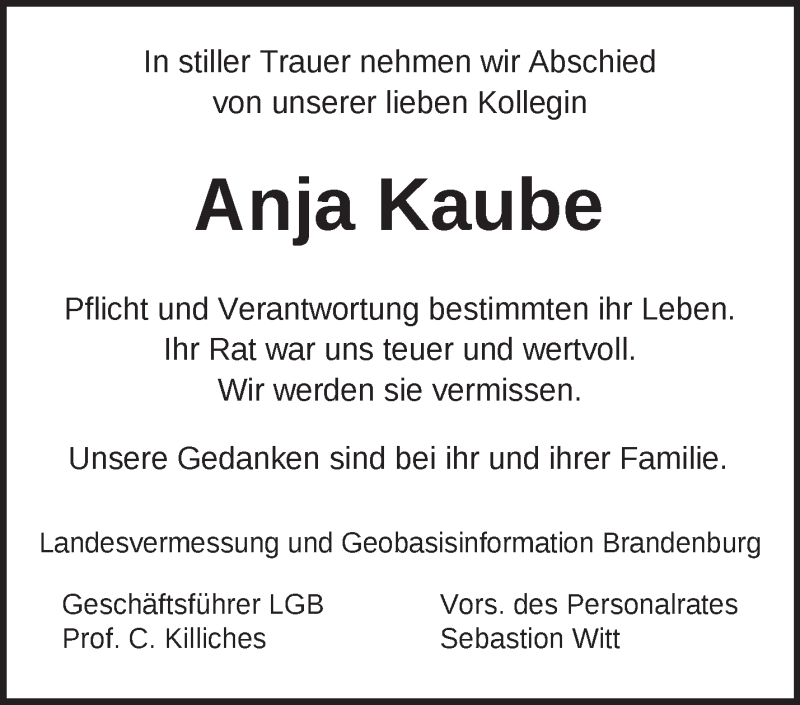  Traueranzeige für Anja Kaube vom 04.04.2020 aus Märkische Oderzeitung