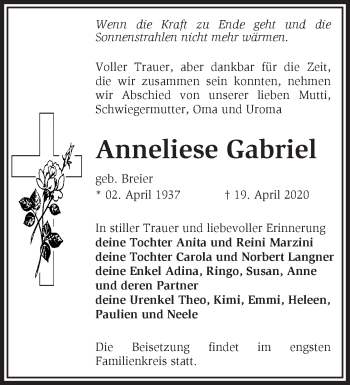 Traueranzeige von Anneliese Gabriel von Märkische Oderzeitung