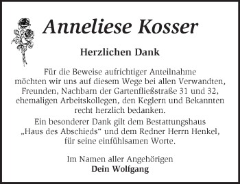 Traueranzeige von Anneliese Kosser von Märkische Oderzeitung