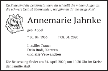 Traueranzeige von Annemarie Jahnke von Märkische Oderzeitung