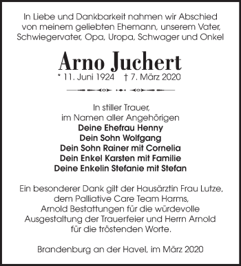 Traueranzeige von Arno Juchert von Märkische Oderzeitung