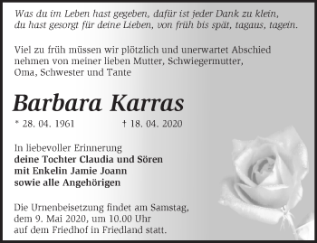 Traueranzeige von Barbara Karras von Märkische Oderzeitung