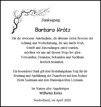 Traueranzeige von Barbara Krötz von Märkische Oderzeitung