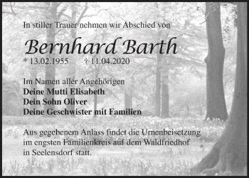 Traueranzeige von Bernhard Barth von Märkische Oderzeitung