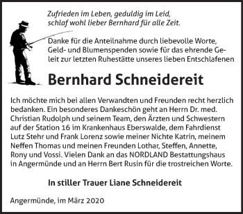 Traueranzeige von Bernhard Schneidereit von Märkische Oderzeitung
