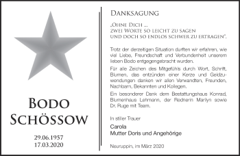 Traueranzeige von Bodo Schössow von Märkische Oderzeitung