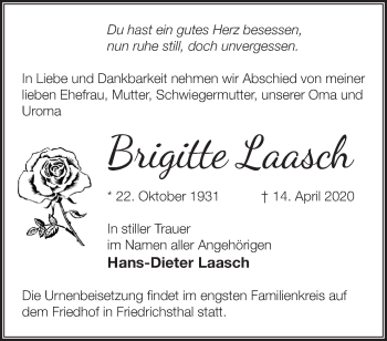 Traueranzeige von Brigitte Laasch von Märkische Oderzeitung