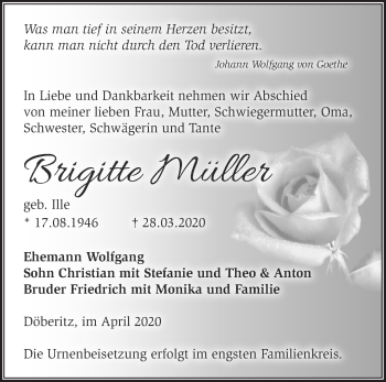 Traueranzeige von Brigitte Müller von Märkische Oderzeitung