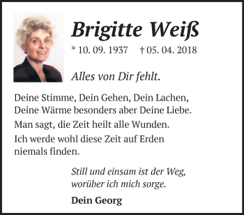 Traueranzeige von Brigitte Weiß von Märkische Oderzeitung