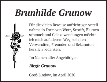 Traueranzeige von Brunhilde Grunow von Märkische Oderzeitung