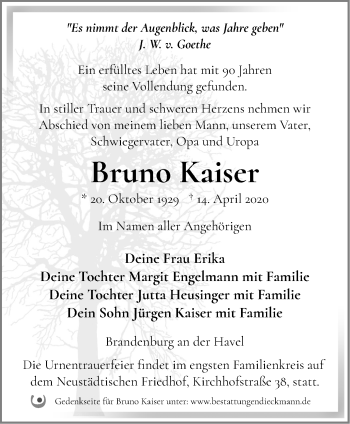 Traueranzeige von Bruno Kaiser von Märkische Oderzeitung