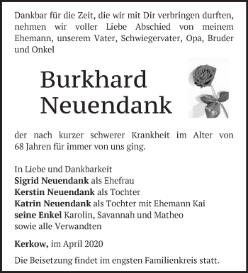 Traueranzeige von Burkhard Neuendank von Märkische Oderzeitung