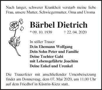 Traueranzeige von Bärbel Dietrich von Märkische Oderzeitung