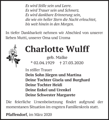 Traueranzeige von Charlotte Wulff von Märkische Oderzeitung