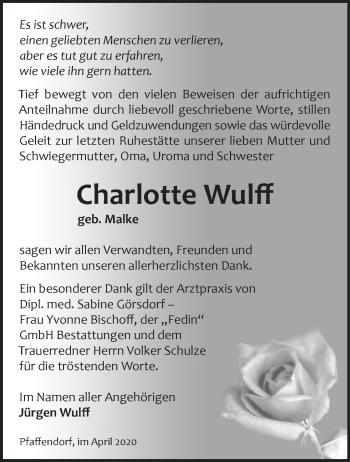 Traueranzeige von Charlotte Wulff von Märkische Oderzeitung