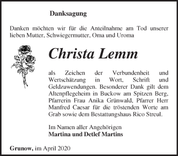 Traueranzeige von Christa Lemm von Märkische Oderzeitung