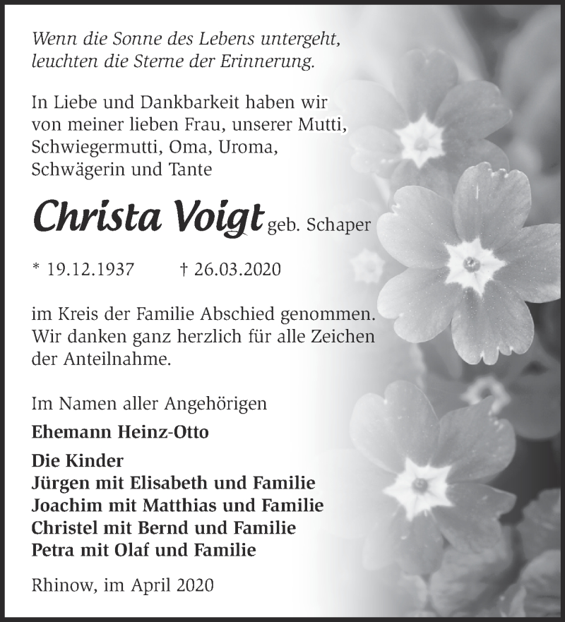 Traueranzeigen Von Christa Voigt Märkische Onlinezeitung Trauerportal 