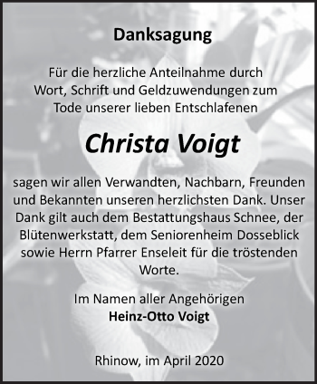 Traueranzeige von Christa Voigt von Märkische Oderzeitung