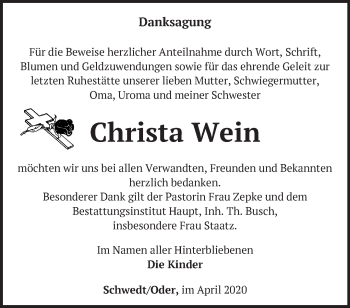 Traueranzeige von Christa Wein von Märkische Oderzeitung