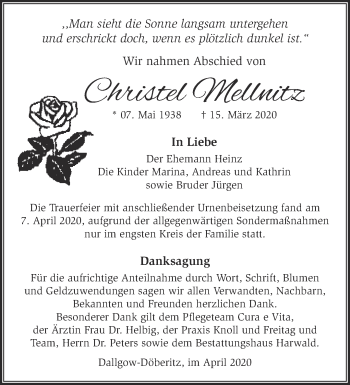 Traueranzeige von Christel Mellnitz von Märkische Oderzeitung