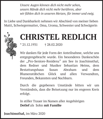 Traueranzeige von Christel Redlich von Märkische Oderzeitung