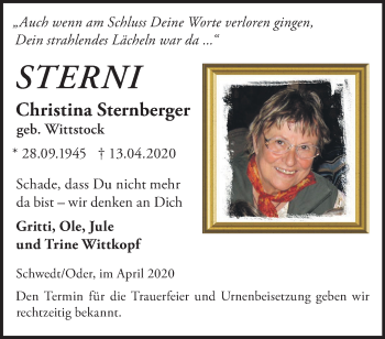 Traueranzeige von Christina Sternberger von Märkische Oderzeitung