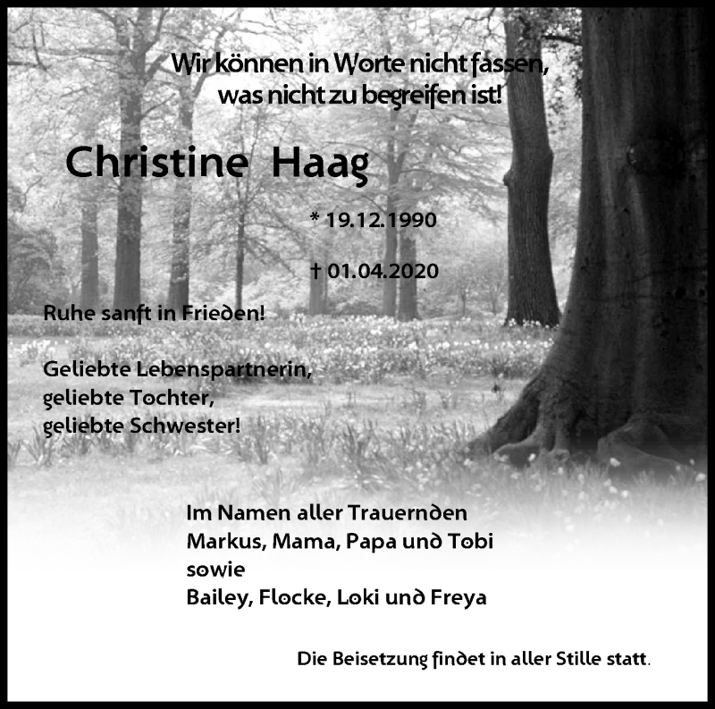  Traueranzeige für Christine Haag vom 19.04.2020 aus Märkische Oderzeitung