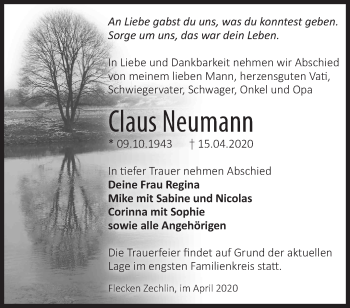 Traueranzeige von Claus Neumann von Märkische Oderzeitung