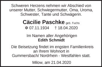 Traueranzeige von Cäcilie Paschke von Märkische Oderzeitung