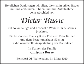 Traueranzeige von Dieter Busse von Märkische Oderzeitung