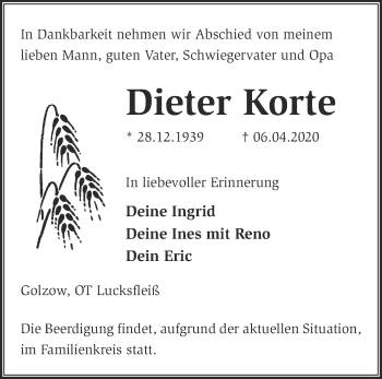 Traueranzeige von Dieter Korte von Märkische Oderzeitung