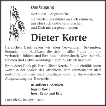 Traueranzeige von Dieter Korte von Märkische Oderzeitung