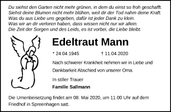 Traueranzeige von Edeltraut Mann von Märkische Oderzeitung