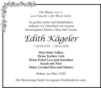 Traueranzeige von Edith Kägeler von Märkische Oderzeitung