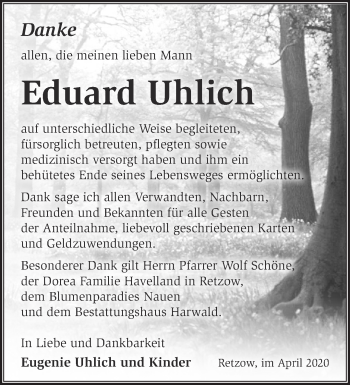 Traueranzeige von Eduard Uhlich von Märkische Oderzeitung