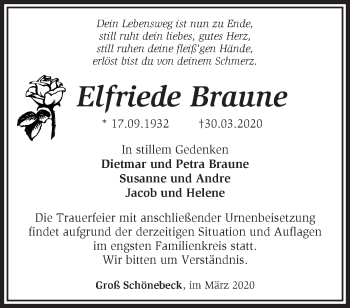 Traueranzeige von Elfriede Braune von Märkische Oderzeitung