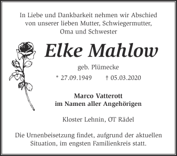 Traueranzeige von Elke Mahlow von Märkische Oderzeitung