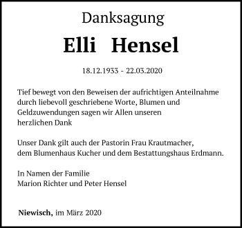 Traueranzeige von Elli Hensel von Märkische Oderzeitung