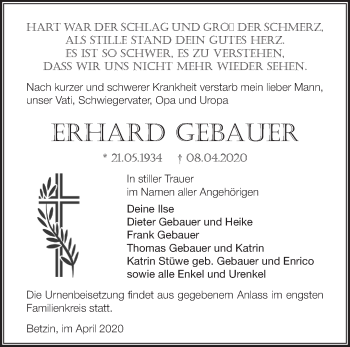 Traueranzeige von Erhard Gebauer von Märkische Oderzeitung