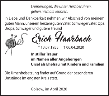 Traueranzeige von Erich Haarbach von Märkische Oderzeitung