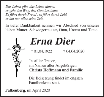 Traueranzeige von Erna Dier von Märkische Oderzeitung