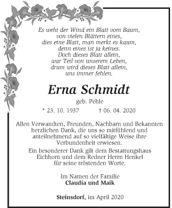 Traueranzeige von Erna Schmidt von Märkische Oderzeitung